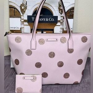 Kate Spade Pink Tote with Polka Dots and NWT Matching Card Holder